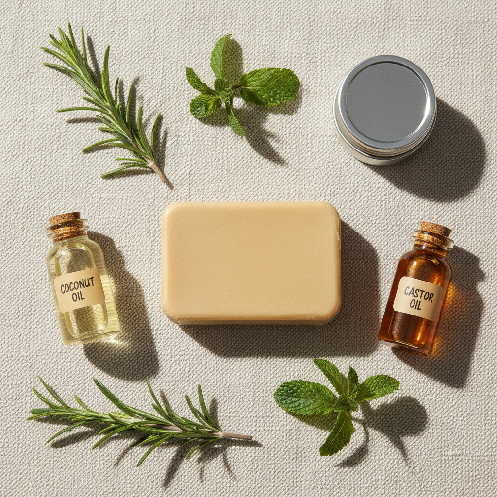 Natural ingredients flat lay with unlabeled shampoo bar