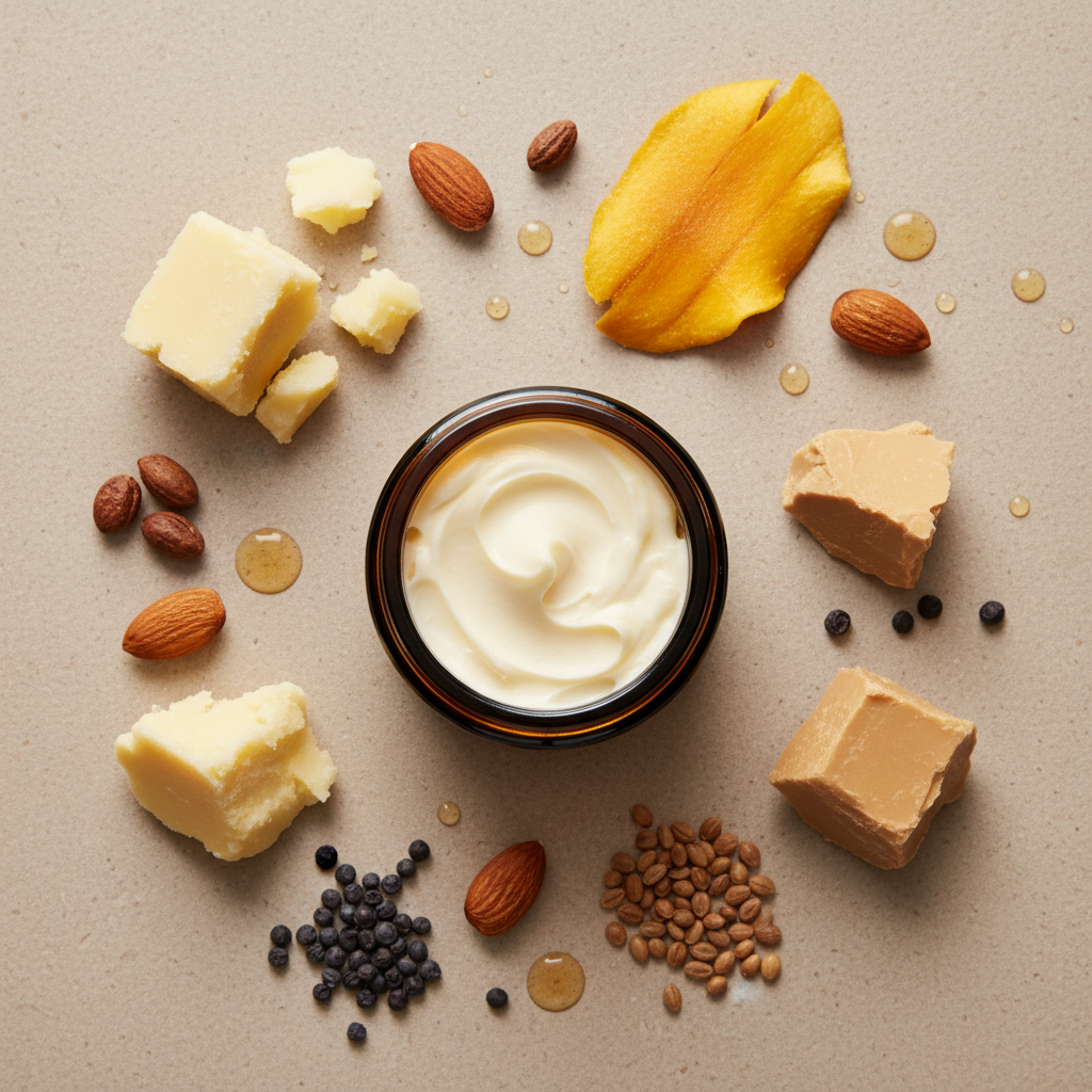 Unlabeled amber jar body butter flat lay with ingredients