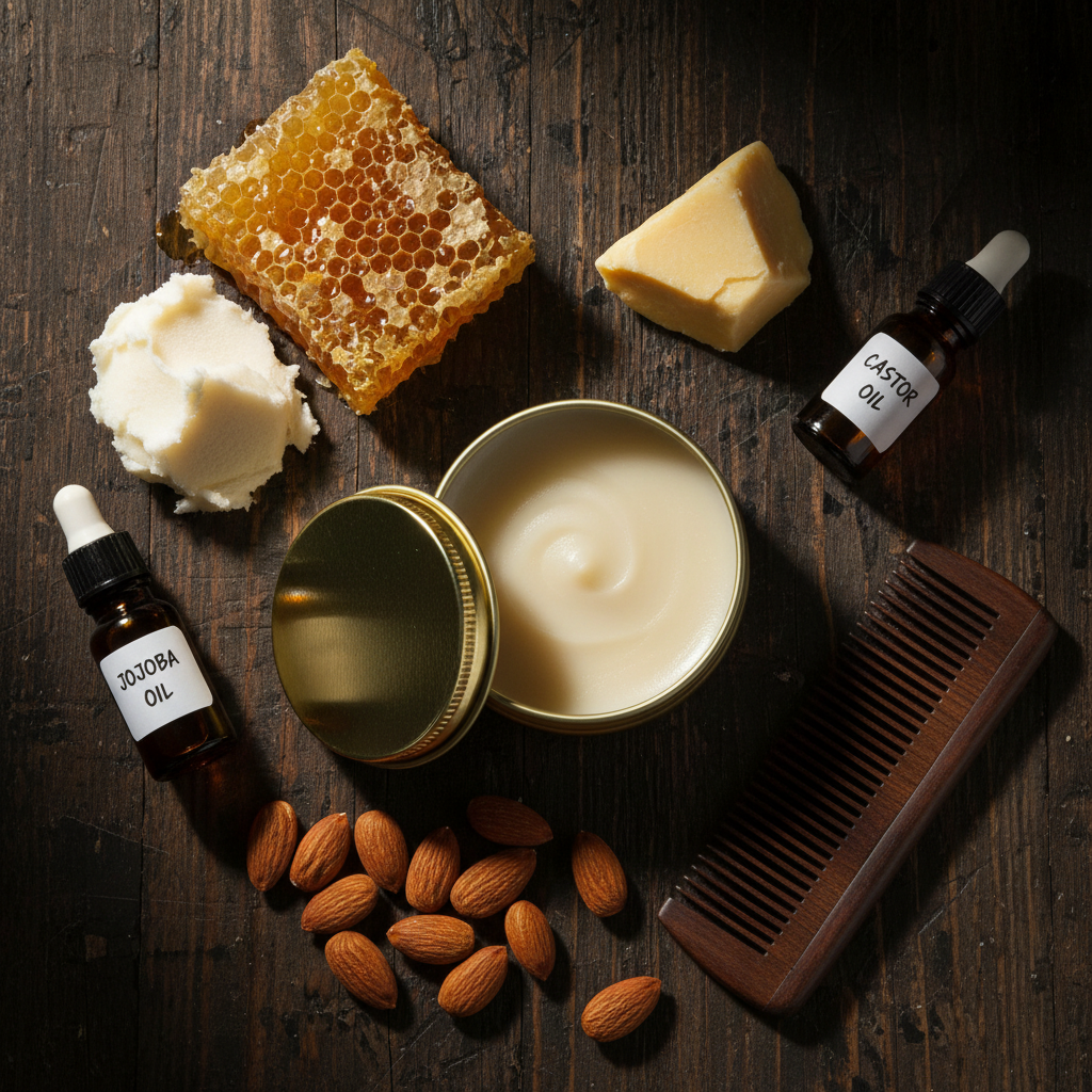 Unlabeled gold tin beard balm flat lay with ingredients