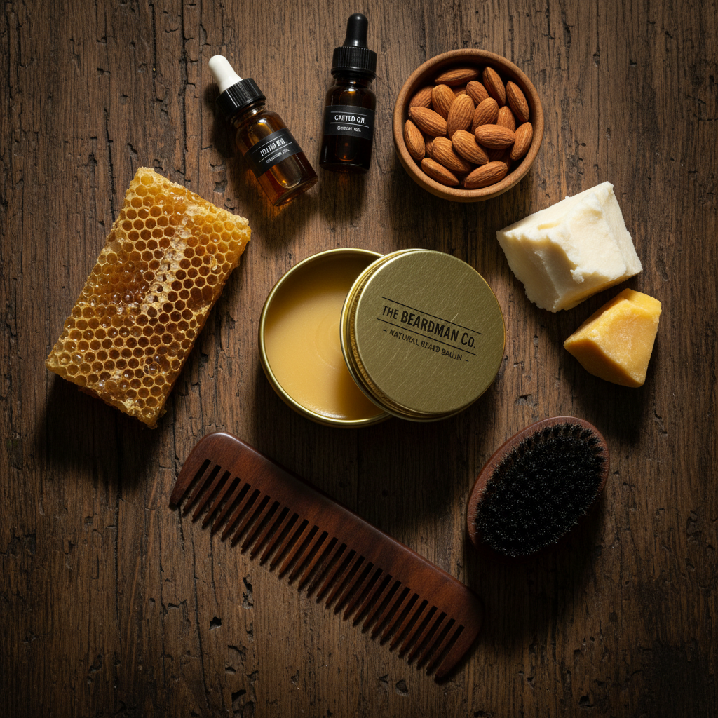 Gold tin beard balm with natural ingredients flat lay