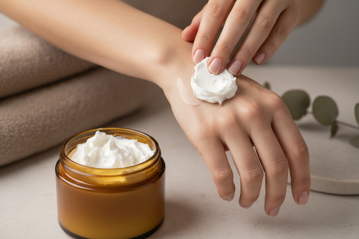 Applying whipped body butter from unlabeled amber jar
