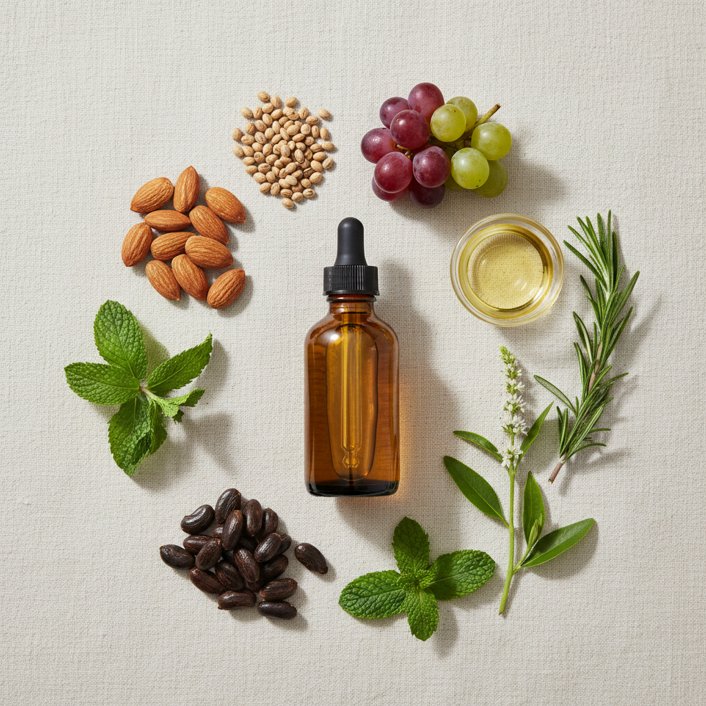 Unlabeled hair oil bottle flat lay with botanical ingredients