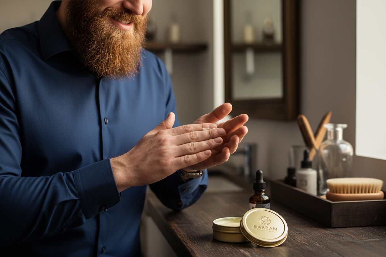 Applying beard balm from gold tin to well-groomed beard