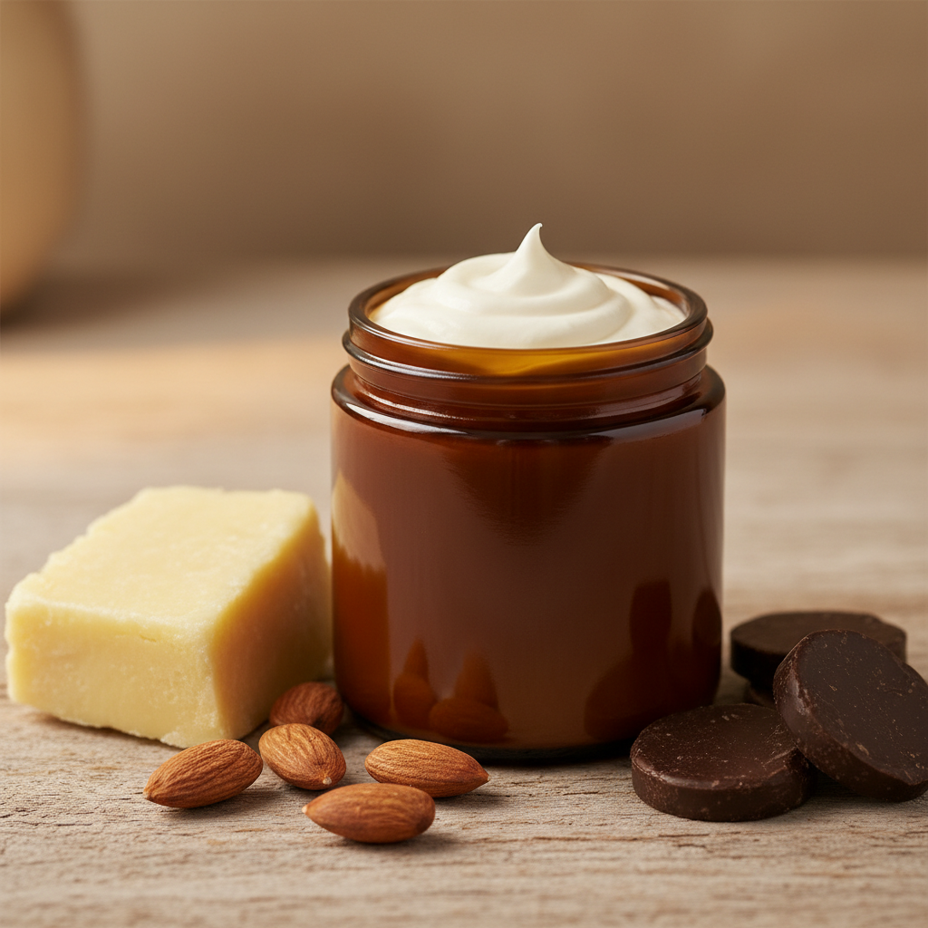 Unlabeled amber jar whipped body butter with natural ingredients