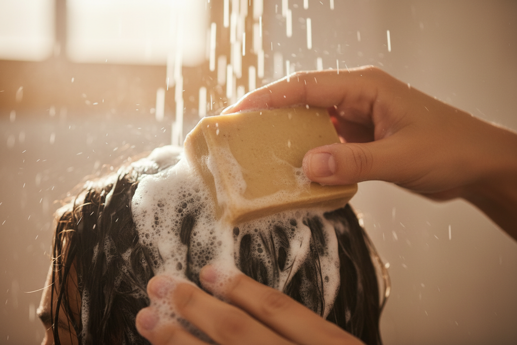 Using unlabeled shampoo bar in shower creating lather