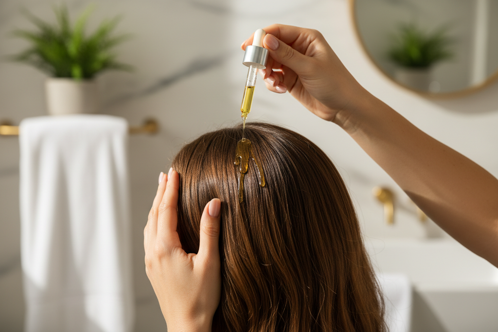 Applying scalp oil to hair and scalp for nourishment